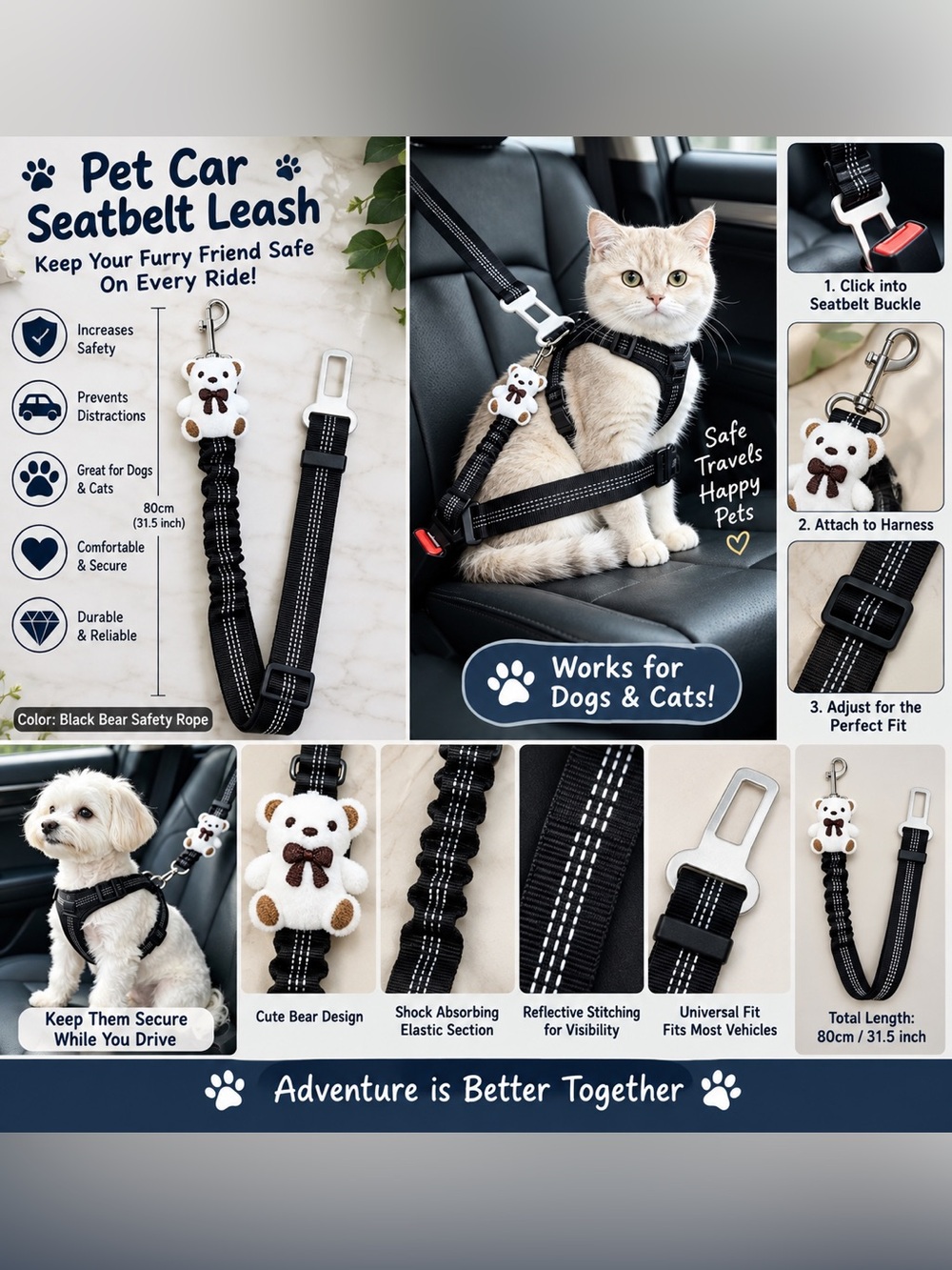 Pet Car Seat Belt Leash Dog Cat Safety Restraint Reflective Teddy Bear Black
